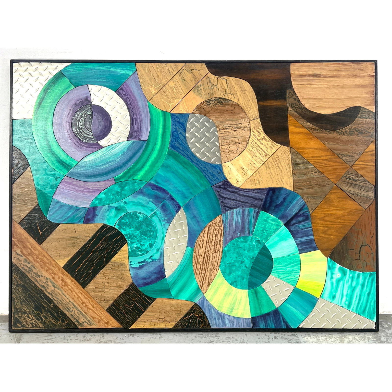 Bill Godfrey Collage Wood and Metal Panel, Pittsburgh PA Artist, signed and dated to back: Bill Godfrey Collage Wood and Metal Panel, Pittsburgh PA Artist, signed and dated to back Dimensions: Height: 35 inches, Width: 48.5 inches. --- - We offer curbside delivery for most items to NYC, Man