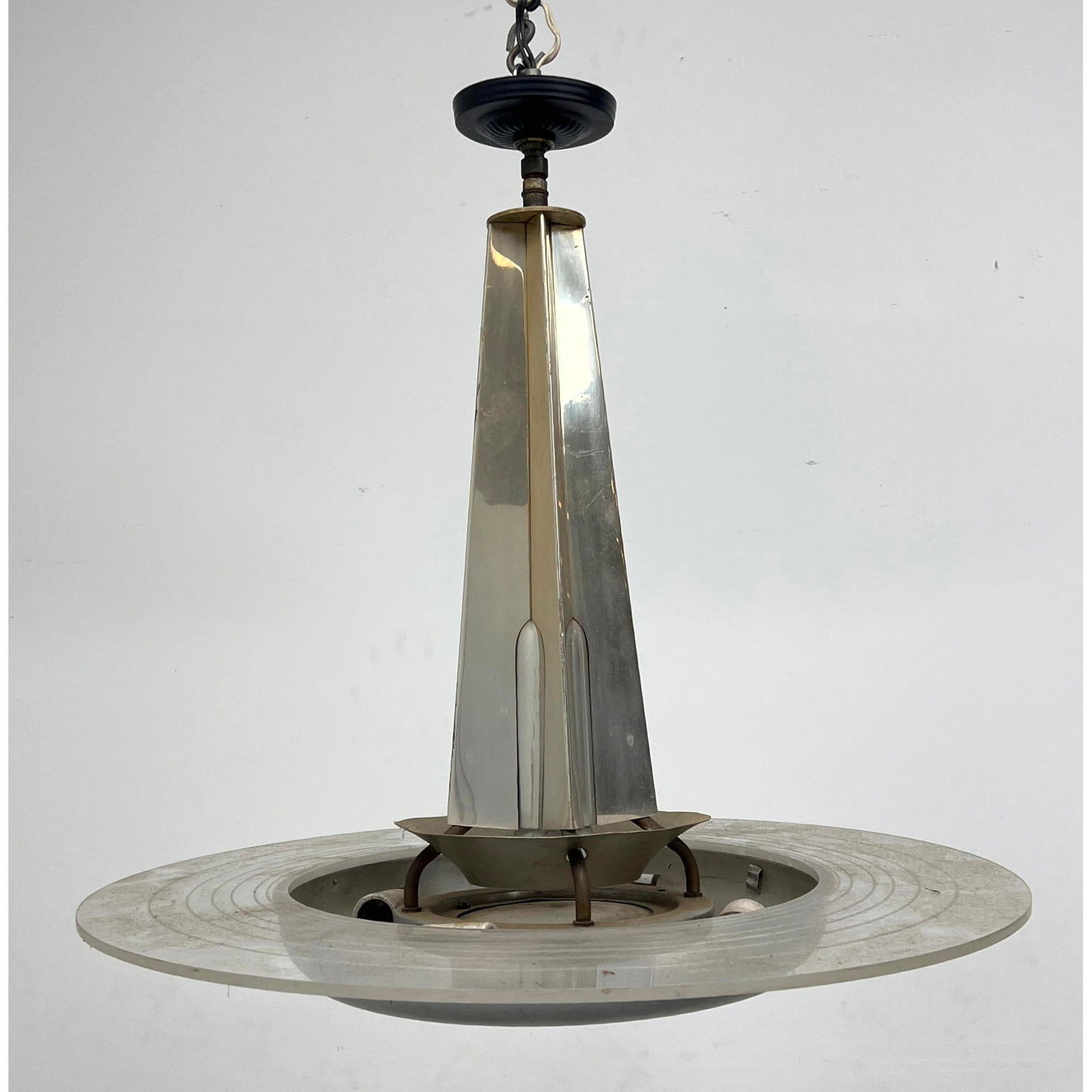 Industrial Saucer Chandelier Pendant Lamp. Saturn style ring pattern.: Industrial Saucer Chandelier Pendant Lamp. Saturn style ring pattern. Dimensions: Height: 21.5 inches, Width: 19.5 inches, Depth: 19.5 inches. --- - We offer curbside delivery for most items to NYC, M