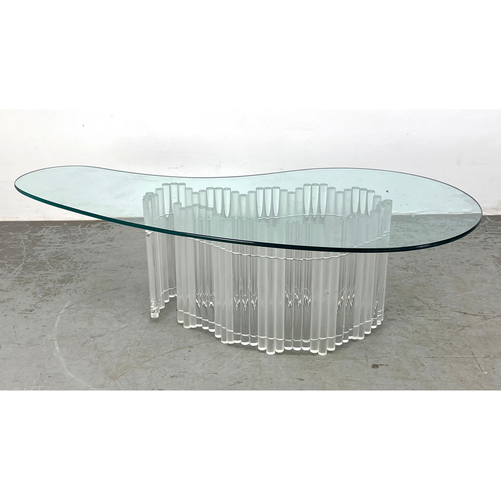 Frosted and Clear Sculptural Lucite Curved Coffee Table, Kidney Shaped Glass Top, Unmarked (1 of 8)