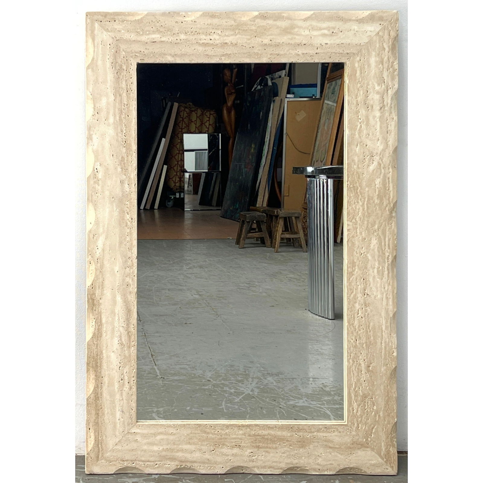 Designer Travertine Framed Wall Mirror. Notched edges. Hangs horizontally or vertically. (1 of 9)