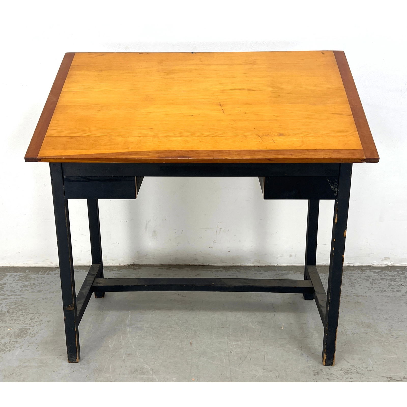 Industrial Vintage Drafting Table. Flip Up Top on Ebonized Wood Base with Two Small Drawers. Brass H (1 of 9)
