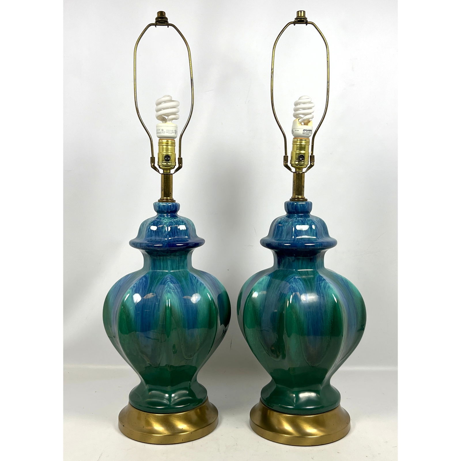 Pair Mid-Century table lamps featuring glazed ceramic bodies with a vibrant blue and green drip glaz (1 of 11)