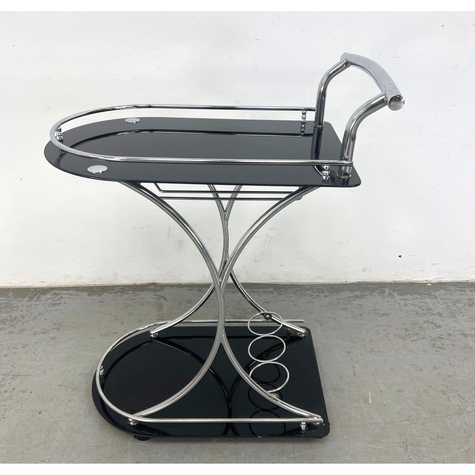Modernist Style Black Glass and Chrome Frame Bar Cart Tea Trolley. (1 of 10)