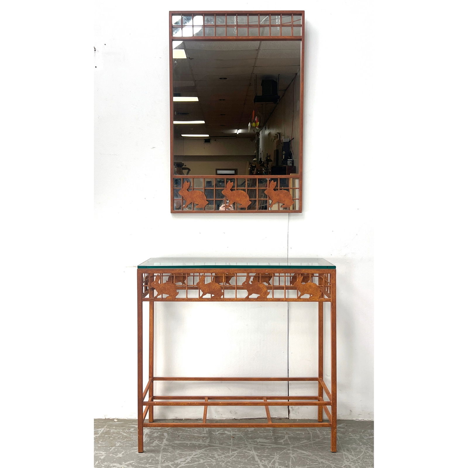 Rabbit Decorated Wrought Iron Glass Top Console With Mirror (1 of 11)