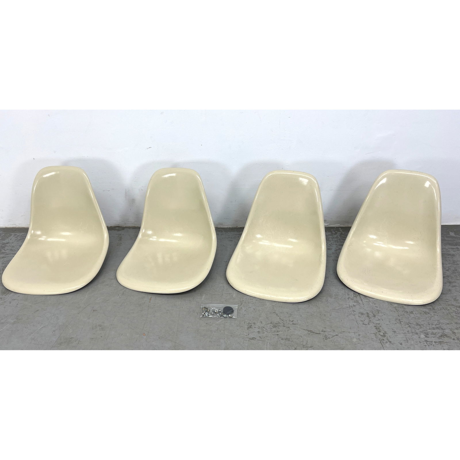 4pc EAMES Fiberglass Shell Seats. Cream color. No bases. Molded HM Mark. (1 of 12)