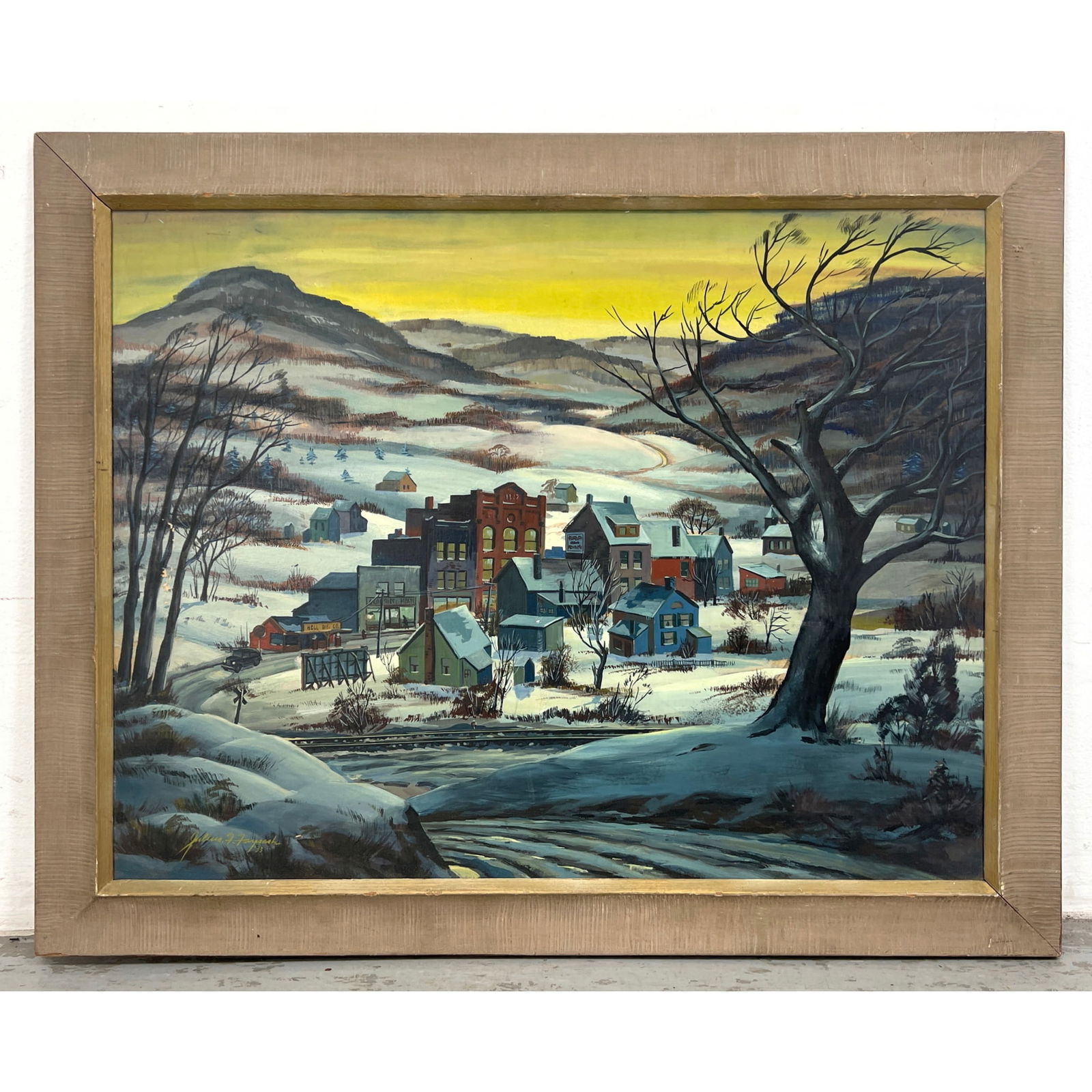JULIUS F. FAYSASH Winter Landscape Oil Painting. Town and Road in Foreground. Snowy Mountains, Hills (1 of 10)