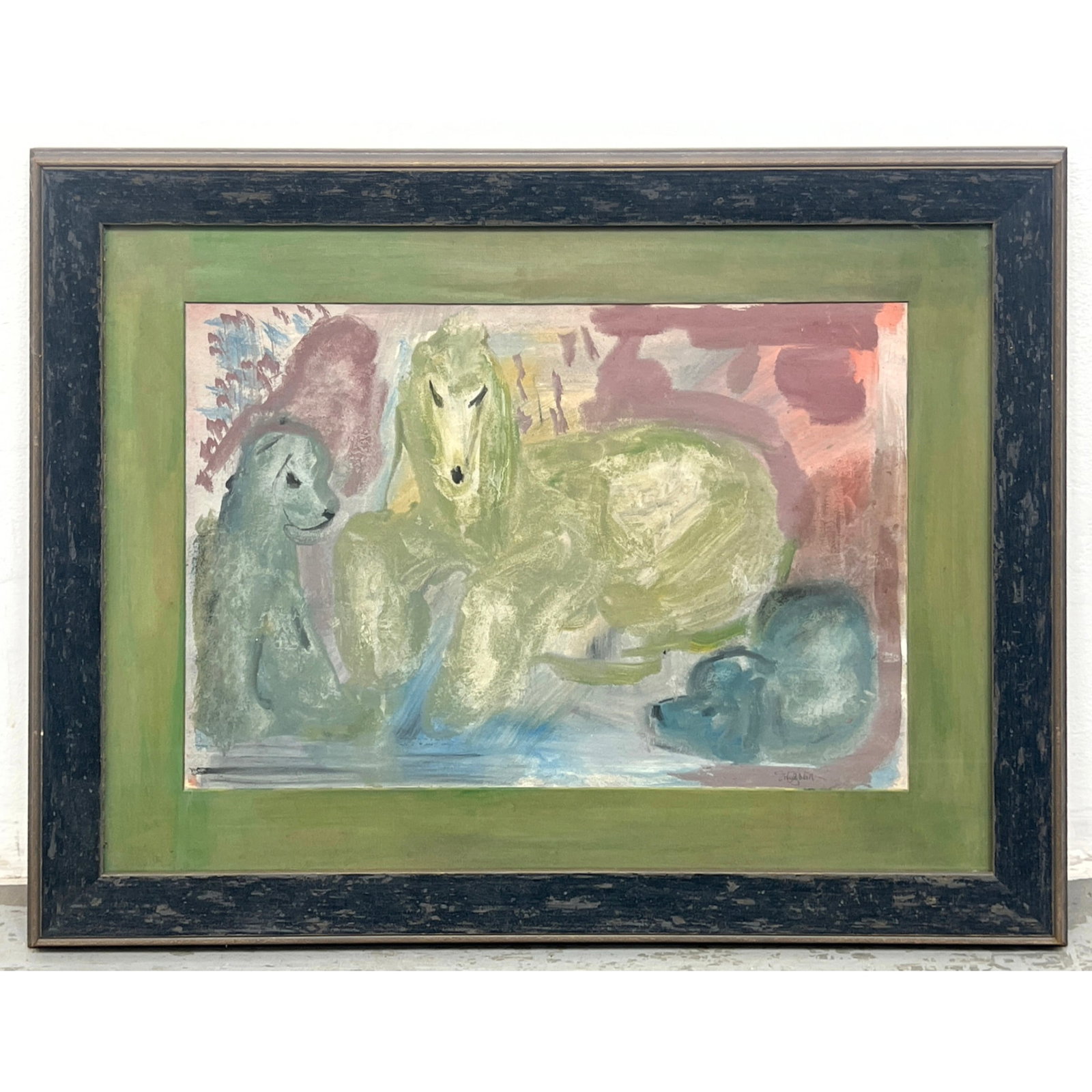 Mixed Media Painting on Paper. Impressionist Dog figures. Signed.: Mixed Media Painting on Paper. Impressionist Dog figures. Signed. Dimensions: Frame Height: 23.75 inches, Frame Width: 31 inches. - Image Size: Image Height: 14.5 inches, Image Width: 22 inches. --- -