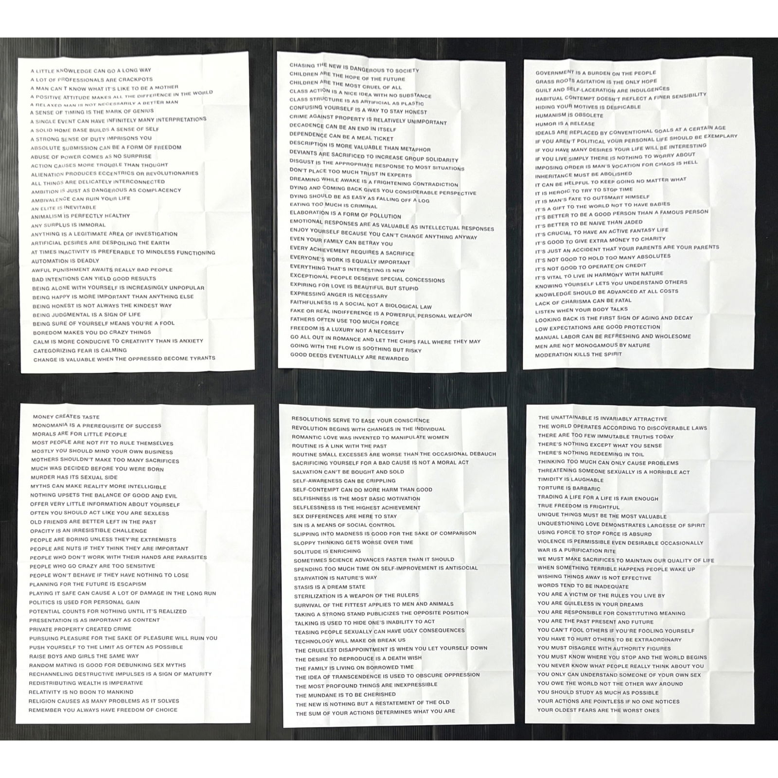 Set 6 Jenny Holzer truisms posters: Set 6 Jenny Holzer truisms posters Dimensions: Height: 31.5 inches, Width: 21.5 inches. --- US Packing and Shipping charge: $35 Rolled in a shipping tube. Plus required insurance at a rate of $2 per h