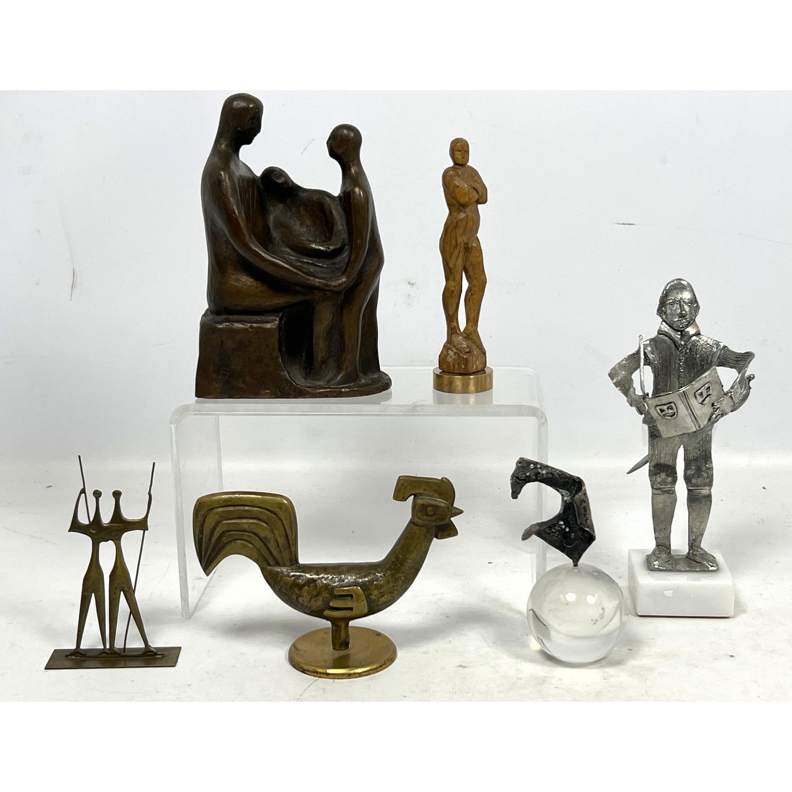 6pc Mid Century Modern Sculpture Lot. Miniature Sculptures. Modernist Bronze Rooster, Abstract Sterl (1 of 20)