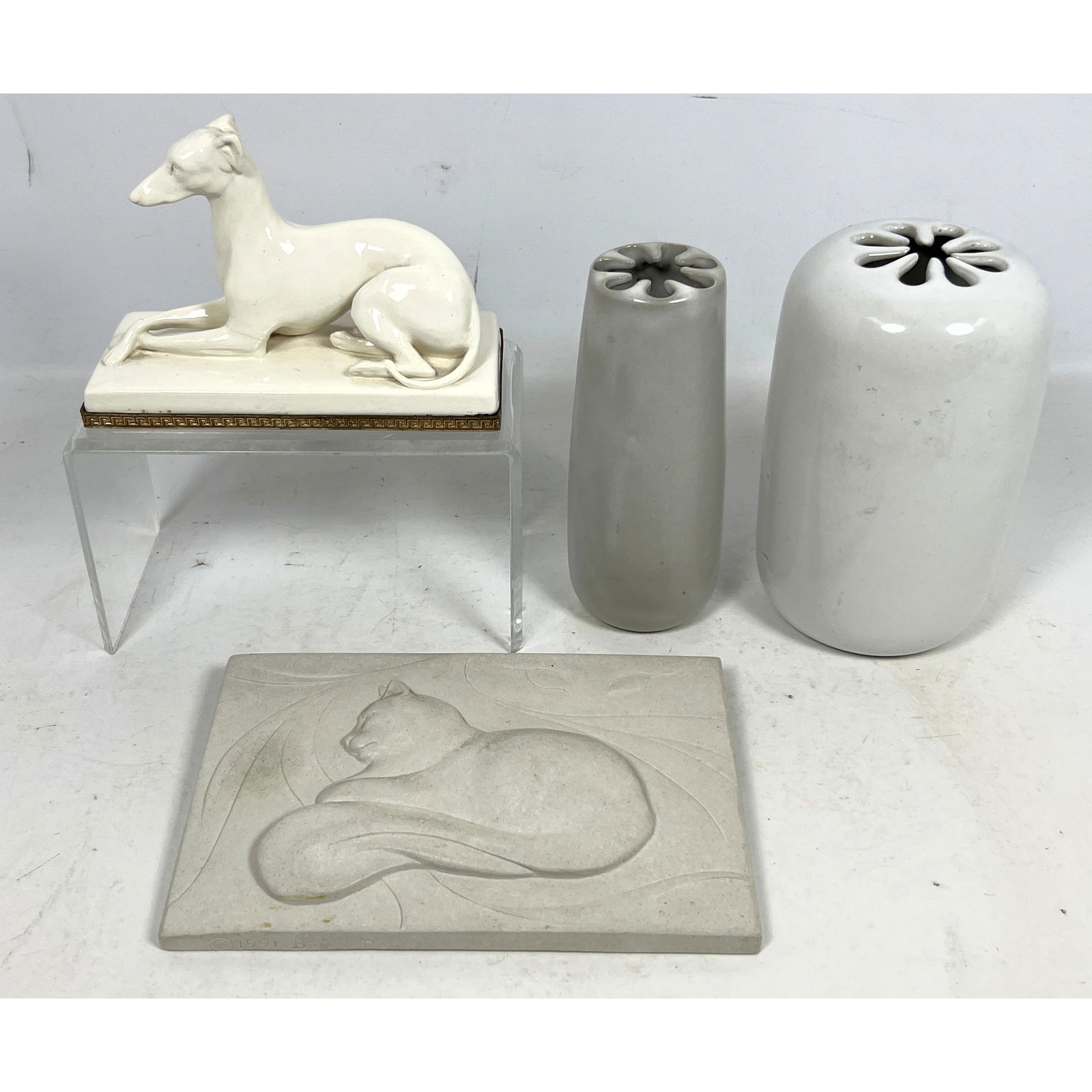 Pottery Lot. 2 David Gil Bennington Vermont Pottery Vases, Greyhound Porcelain Ceramic Lamp Base, Br: Pottery Lot. 2 David Gil Bennington Vermont Pottery Vases, Greyhound Porcelain Ceramic Lamp Base, Brian Davis Cat Figurine Wall Plaque Sculpture Dimensions: Height: 7.5 inches, Width: 5 inches, Depth: