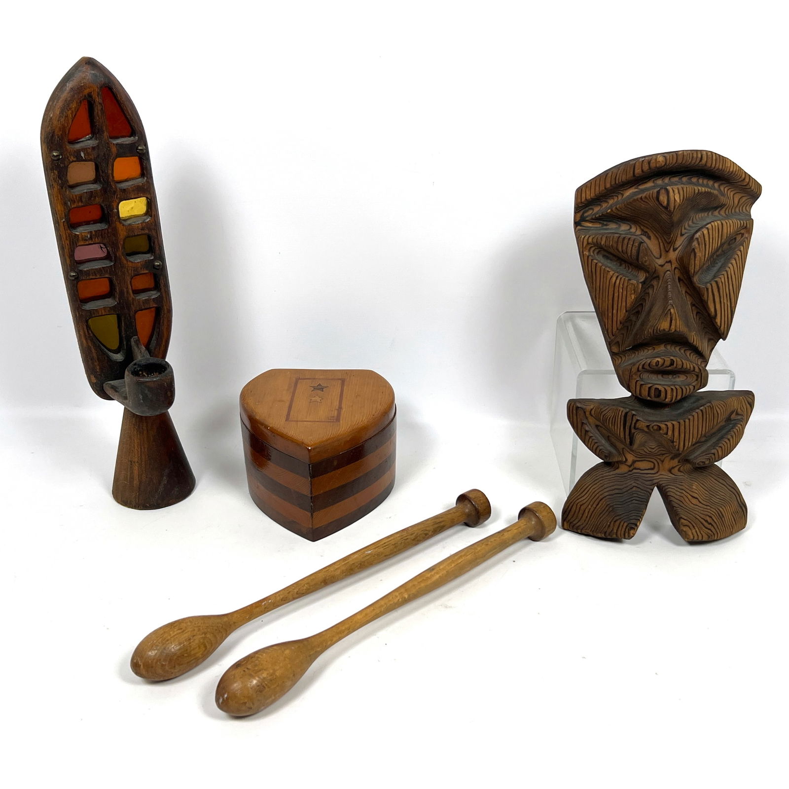 Vintage Tiki and Wood Lot. Witco style figure. Totem with glass, etc. (1 of 18)
