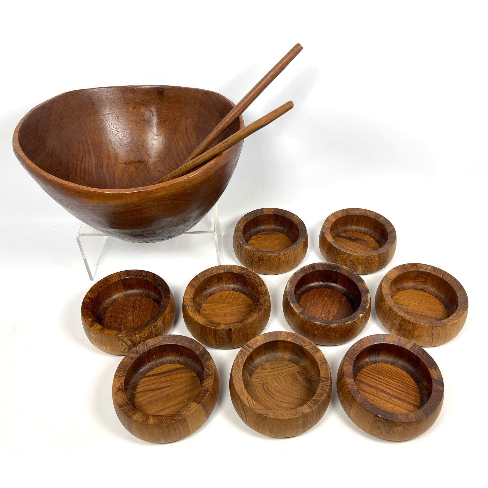Teak Salad Set. Bowls and serving utensils. Small bowls marked Dansk,: Teak Salad Set. Bowls and serving utensils. Small bowls marked Dansk, Dimensions: Height: 8 inches, Width: 14.5 inches, Depth: 14.5 inches. --- US Packing and Shipping charge: In house shipping availa