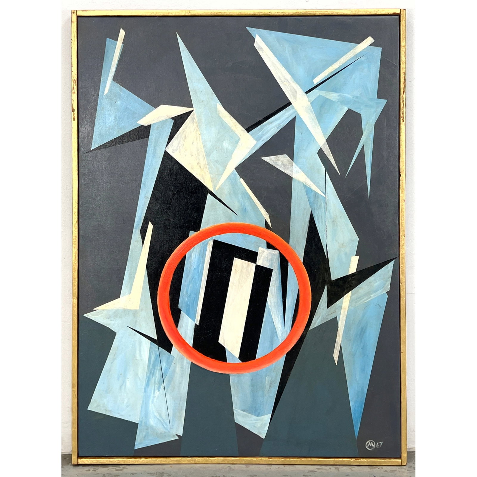 M67 Modernist Geometric Abstract Oil Painting on canvas. Signed in Monogram M 67: M67 Modernist Geometric Abstract Oil Painting on canvas. Signed in Monogram M 67 Dimensions: Height: 32.25 inches, Width: 44.5 inches. --- US Packing and Shipping charge: In house shipping available. 