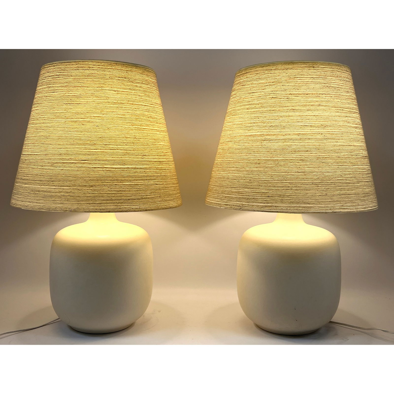 Pair Danish Modern Denmark Bostlund Lotte Glazed Ceramic Table Lamps with Original String Shades (1 of 14)