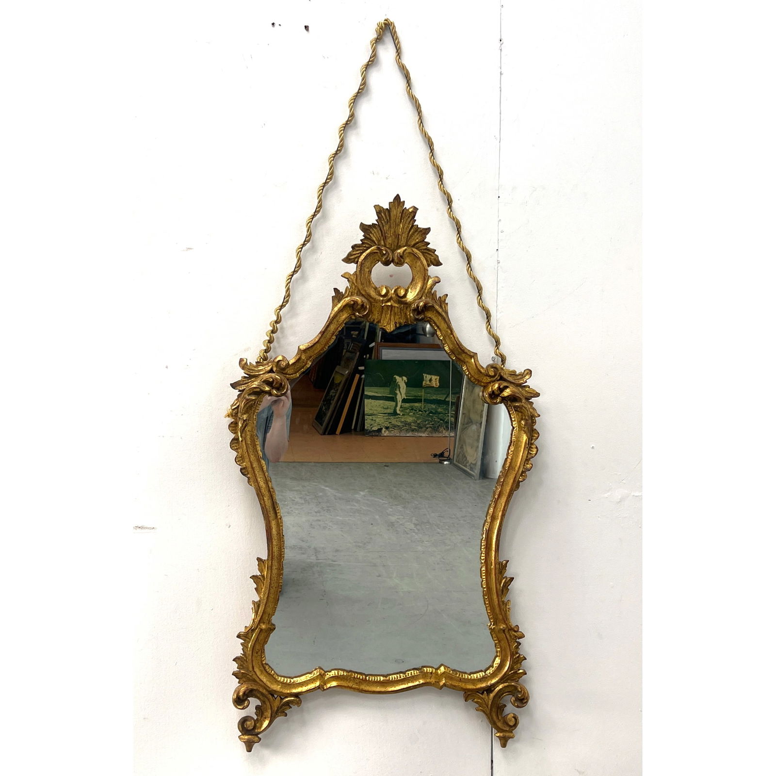 Italian Gilt Wood Fancy Framed Wall Mirror. Rococo style Carved Frame with Fancy Crest. Twisted Text (1 of 11)
