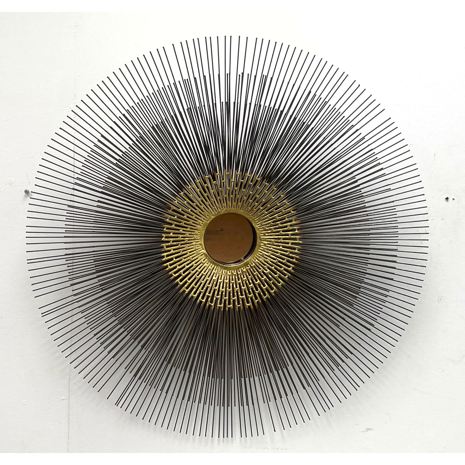 Brutalist Mixed Metal Sunburst Frame Wall Mirror. Modernist Sculpture with Small Recessed Mirror. (1 of 7)