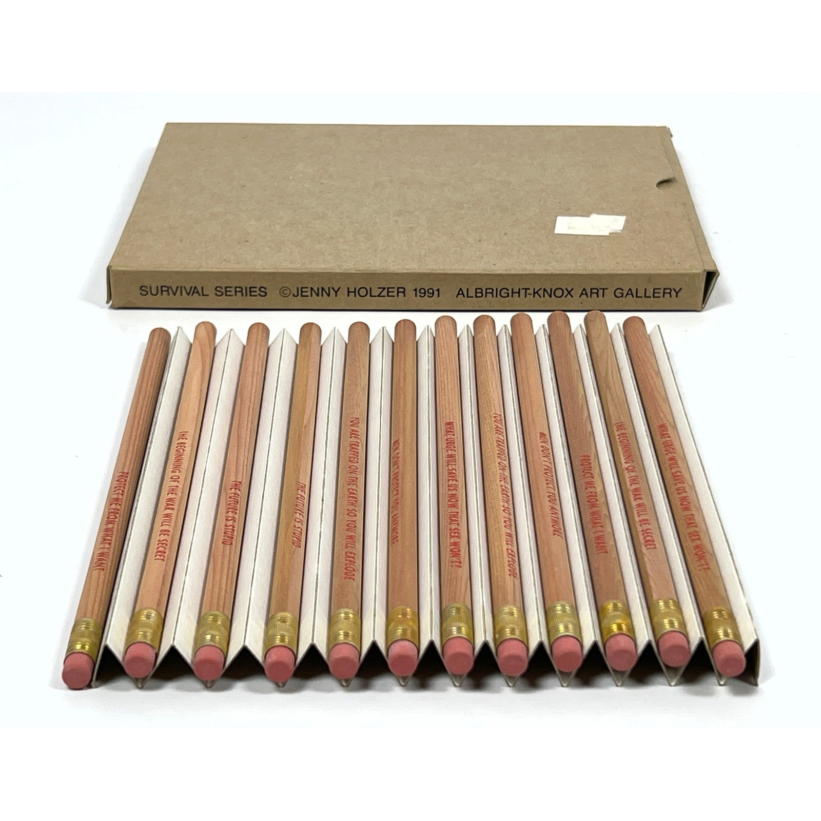 Jenny Holzer Truisms pencils in box. 12 pencils with eraser. Survival Series. Albright-Knox Art Gall: Jenny Holzer Truisms pencils in box. 12 pencils with eraser. Survival Series. Albright-Knox Art Gallery. Jenny Holzer 1991 Dimensions: Height: 8 inches, Width: 6 inches, Depth: .50 inches. --- US Pack