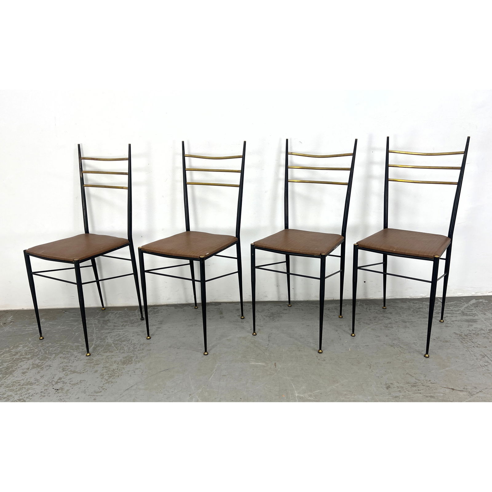 Set of 4 Nice Italian Ponti style Side Chairs. Brass accents.: Set of 4 Nice Italian Ponti style Side Chairs. Brass accents. Dimensions: Height: 34.25 inches, Width: 14 inches, Depth: 15 inches. - Seat Height: 19 inches --- - We offer curbside delivery for most i