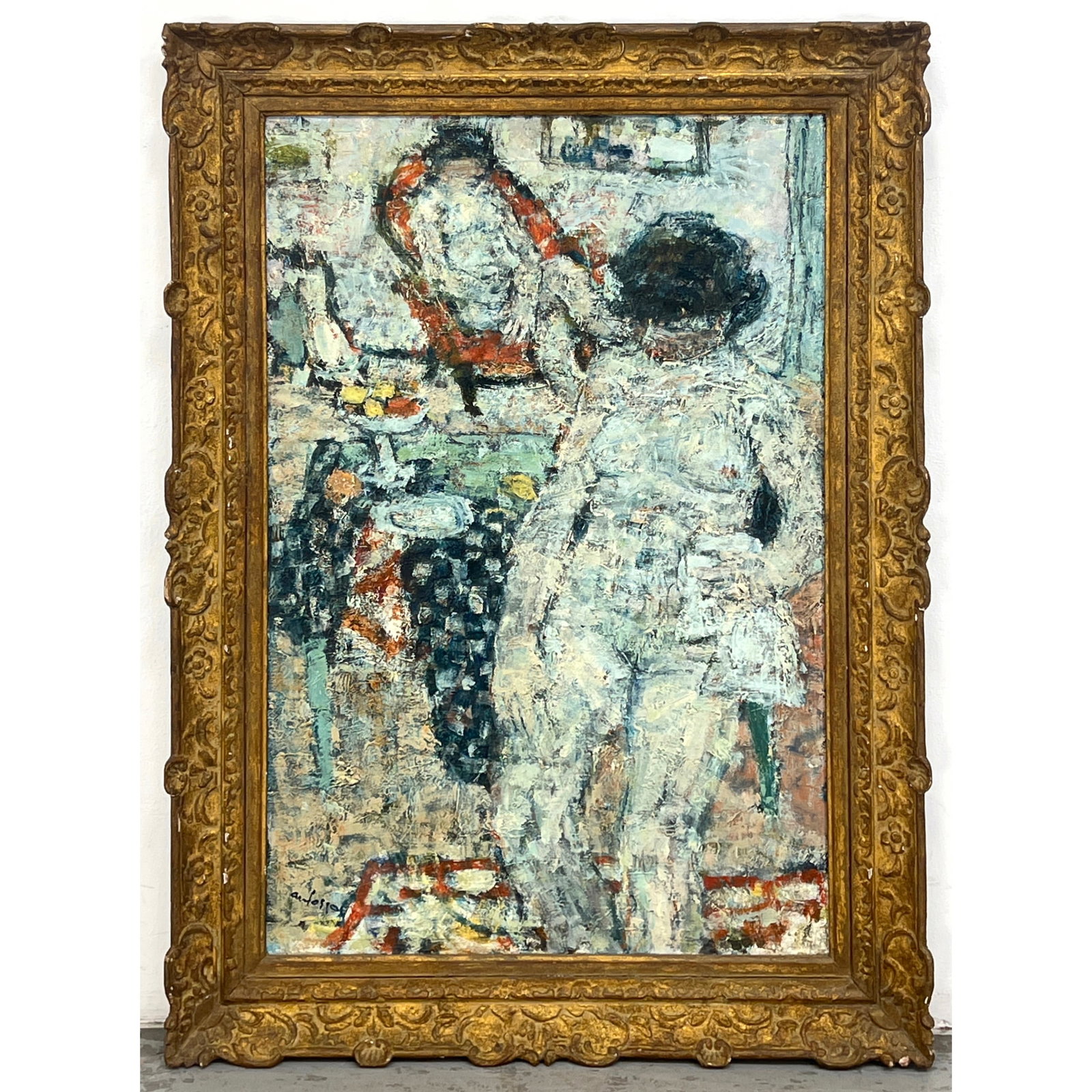 Artist Signed Modernist Painting of Two Seated Nude Women in Interior Scene. Artist Signed. Fancy Gi: Artist Signed Modernist Painting of Two Seated Nude Women in Interior Scene. Artist Signed. Fancy Gilt Frame. Pissaro style. French impressionist style. Dimensions: Frame Height: 43.5 inches, Frame Wi