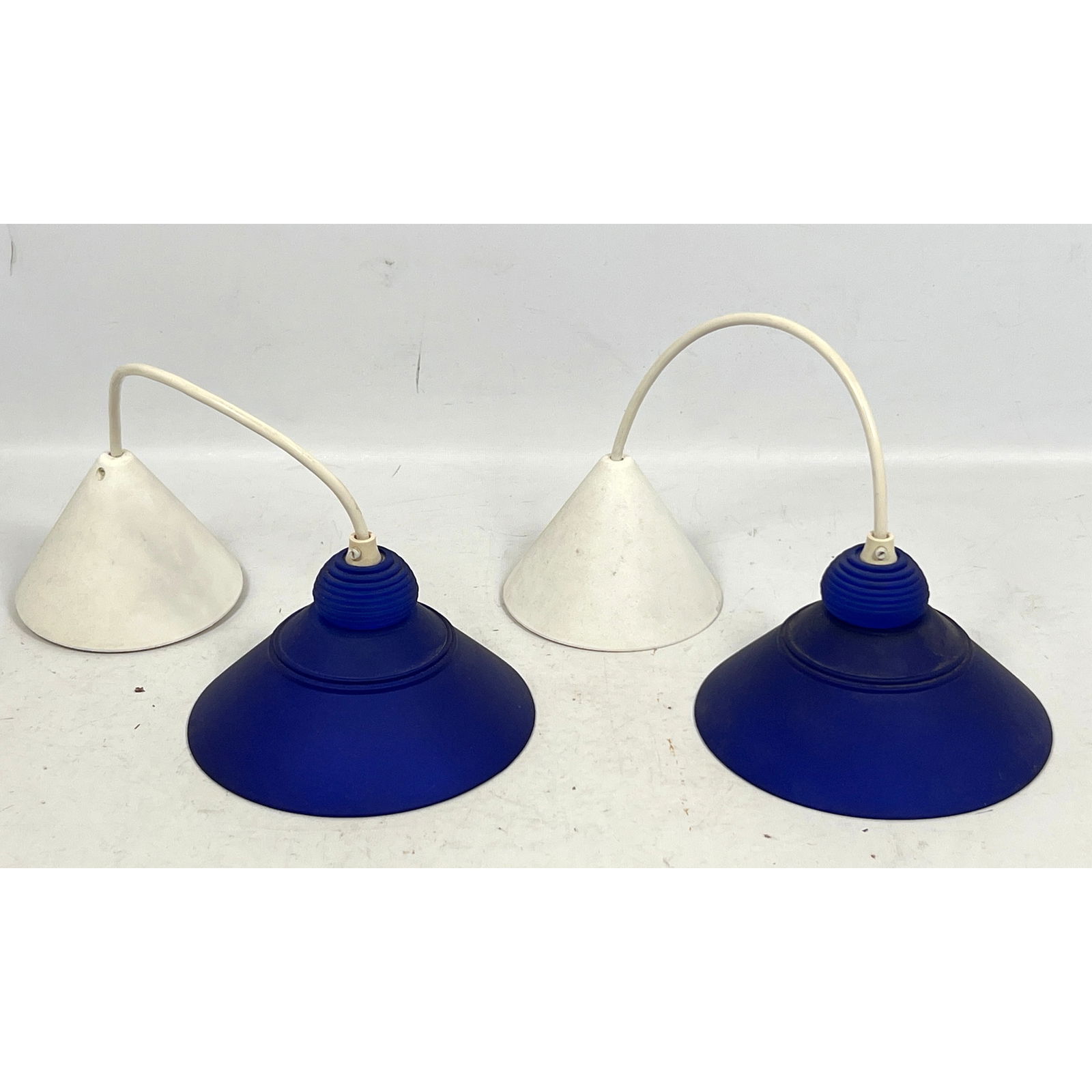 Pair Postmodern or late 20th-century modern pendant light fixtures Lamps. Glass shades. (1 of 10)
