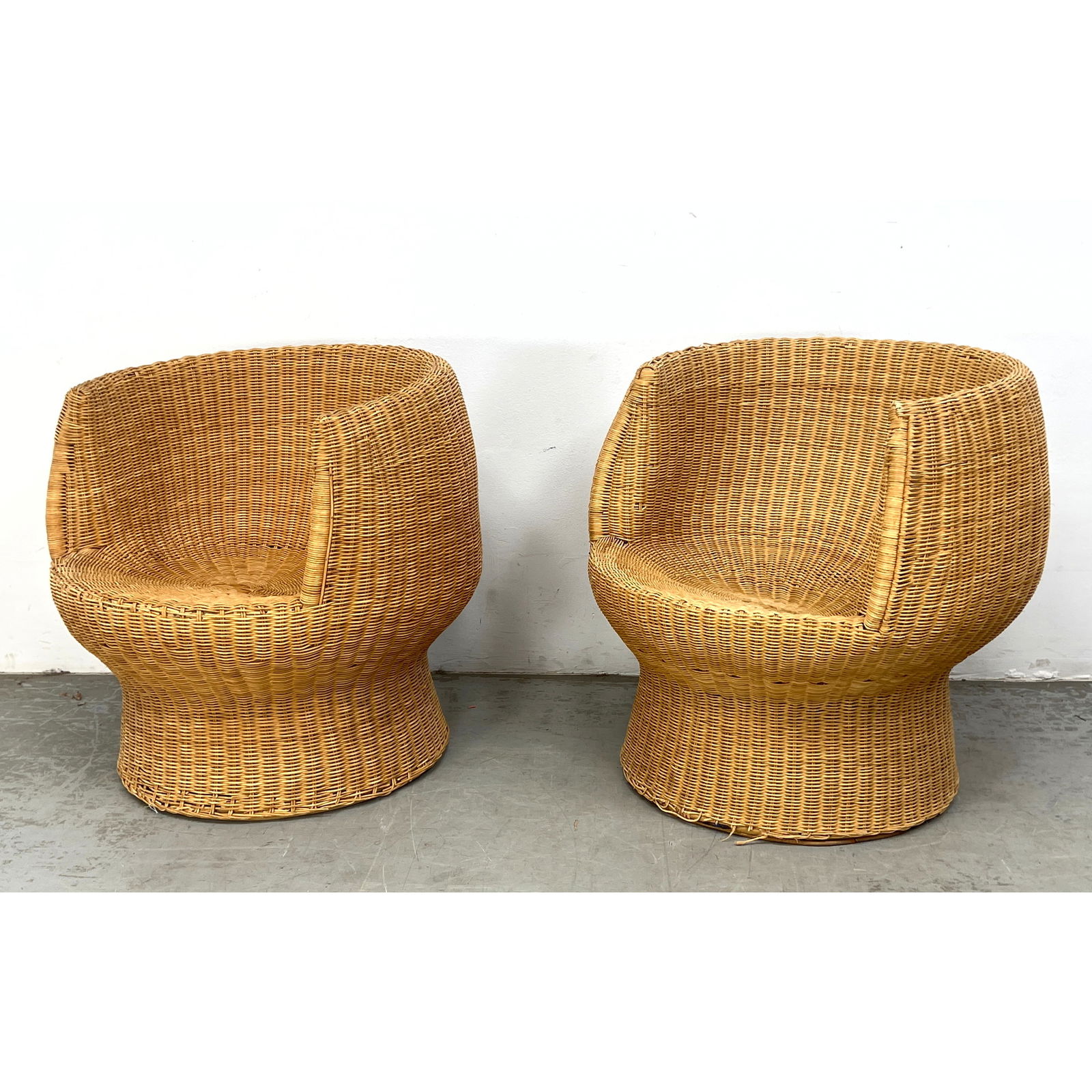 Pair Vintage Rattan egg Lounge Chairs. Made in British Hong Kong. Eero Aarnio Style. (1 of 14)