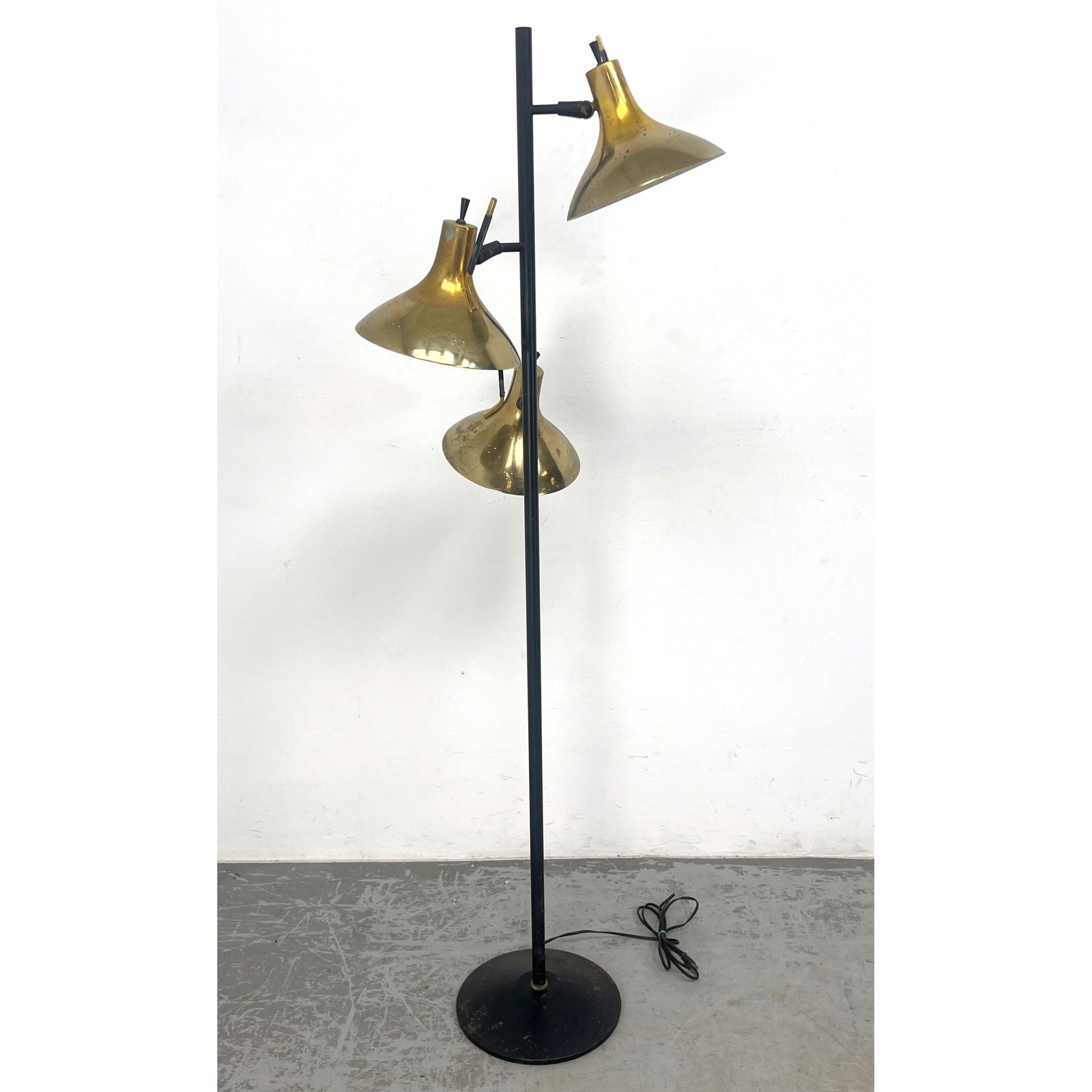 Lightolier 3 adjustable head Floor Lamp. Brass shades, black painted shaft and base. (1 of 10)