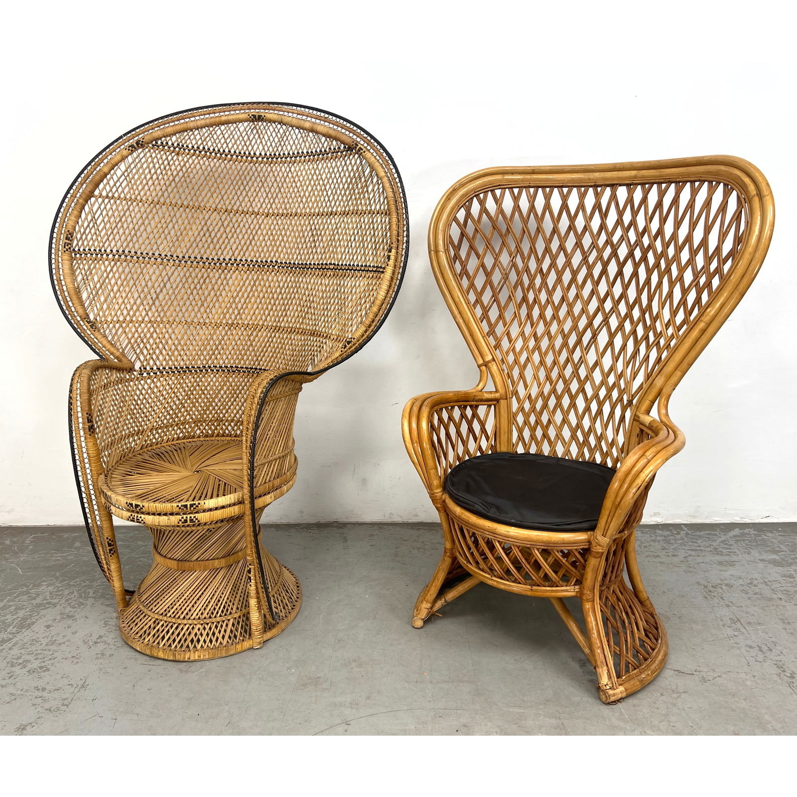 2pcs Rattan Wicker Fan Back Chairs.: 2pcs Rattan Wicker Fan Back Chairs. Dimensions: Height: 60 inches, Width: 44 inches, Depth: 26 inches. - Seat Height: 19 inches - Additional Dimensions: Smaller H: 52 inches, W: 39 inches, D: 27 inche