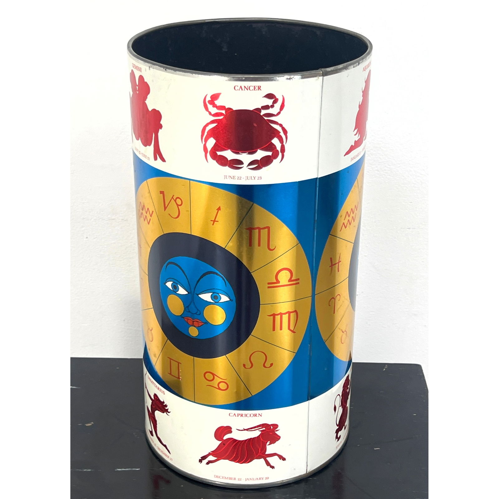 SEG Industries Metal Zodiac Umbrella Stand Waste Can.: SEG Industries Metal Zodiac Umbrella Stand Waste Can. Dimensions: Height: 19.5 inches, Width: 10.5 inches, Depth: 10.5 inches. --- US Packing and Shipping charge: In house shipping available. Will be