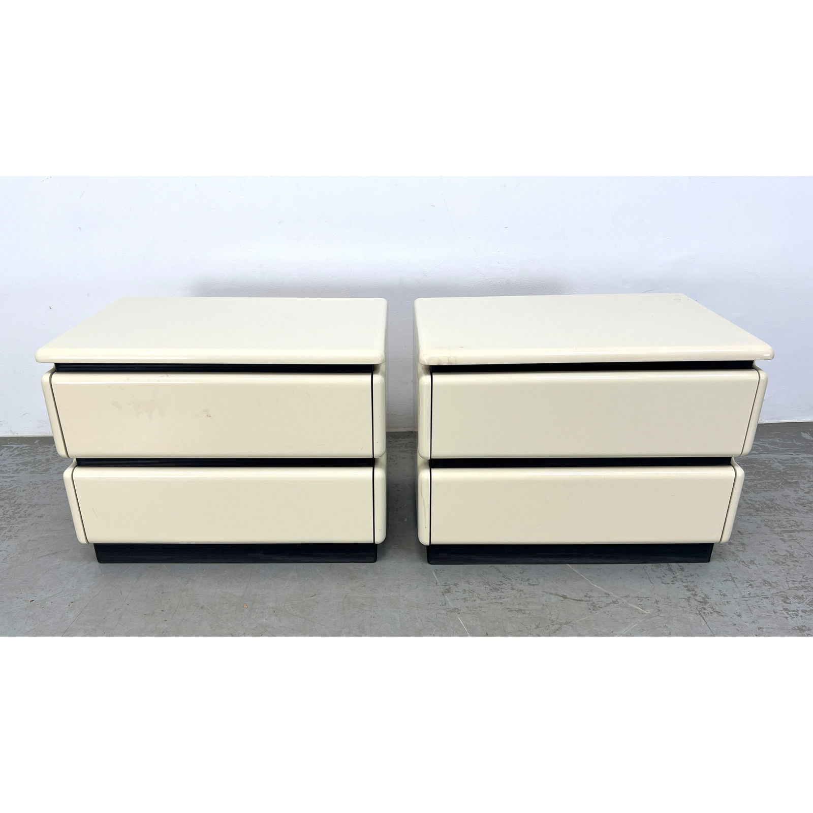 Pair Mid Century Modern Roger Rougier Side Table Night Stands.: Pair Mid Century Modern Roger Rougier Side Table Night Stands. Dimensions: Height: 20.5 inches, Width: 27 inches, Depth: 18 inches. --- - We offer curbside delivery for most items to NYC, Manhattan, C