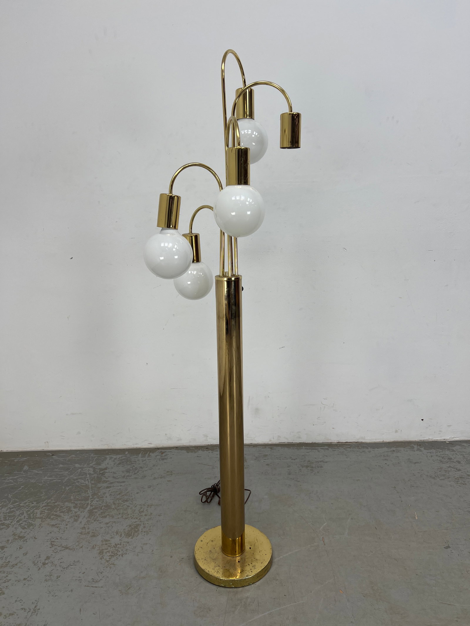 80s Modern Arched Waterfall Floor Lamp. Ball ,Bulbs.: 80s Modern Arched Waterfall Floor Lamp. Ball ,Bulbs. Dimensions: Height: 59.5 inches, Width: 16 inches, Depth: 16 inches. --- - We offer curbside delivery for most items to NYC, Manhattan, Close Brook