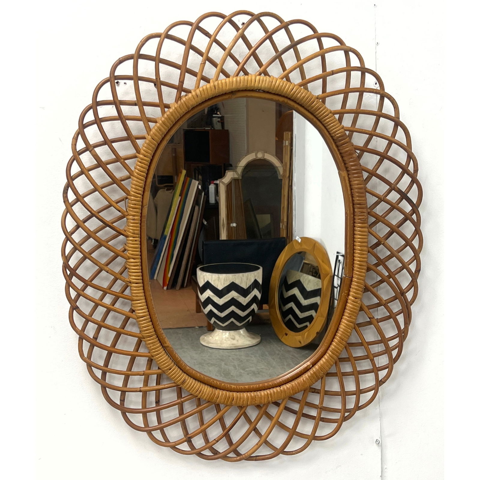 Italian Scalloped Rattan Oval Mirror. Franco Albini style Looped Rattan Frame. Rosenthal Netter Labe (1 of 12)