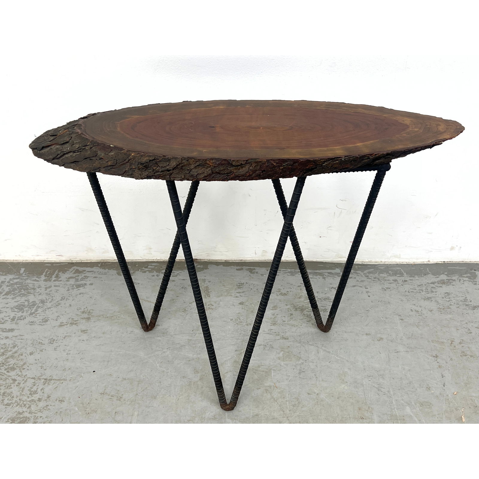 Natural Live Edge Tree Slice Top Table. Bark edges. Three Welded Rebar Metal Hairpin Legs. (1 of 8)