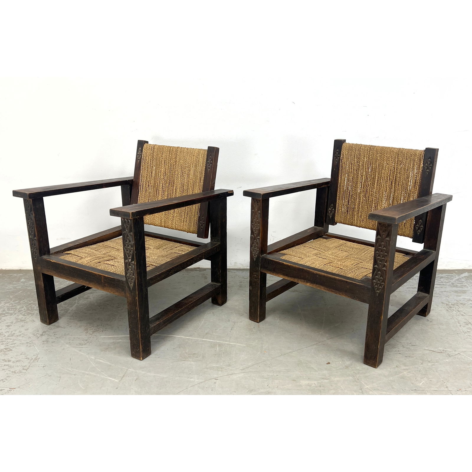 Pr Vintage French Carved Leg Arm Chairs. Rush Back Rest and Woven Rush Seats. Wide Paddle Arms. (1 of 13)