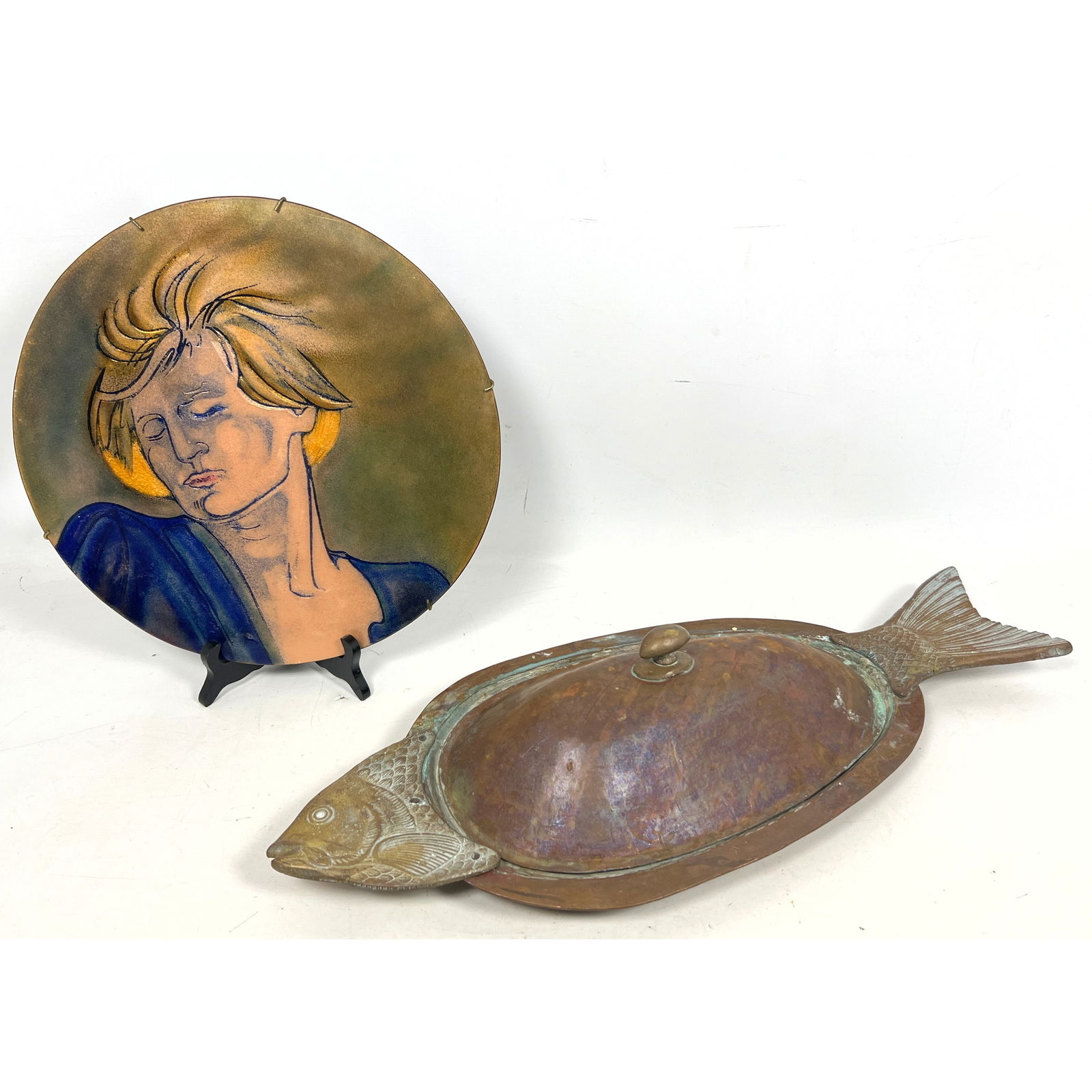 2pcs Metal Objects. Artist Signed enamel copper dish, and Brass and Copper Covered Fish Form Serving (1 of 13)