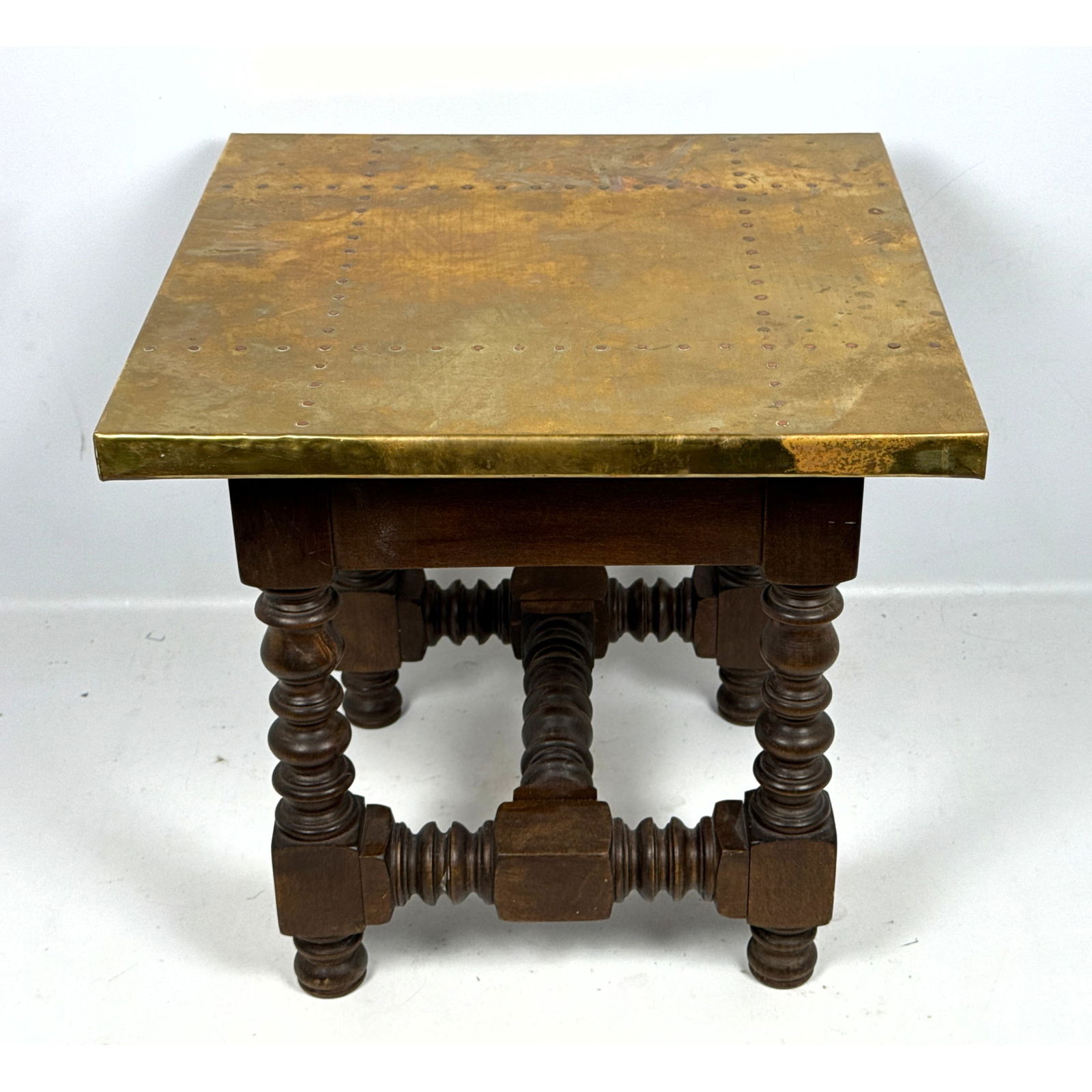 Vintage Spanish Brass Clad Top Walnut Base Low Side Table Sarreid Style (1 of 8)