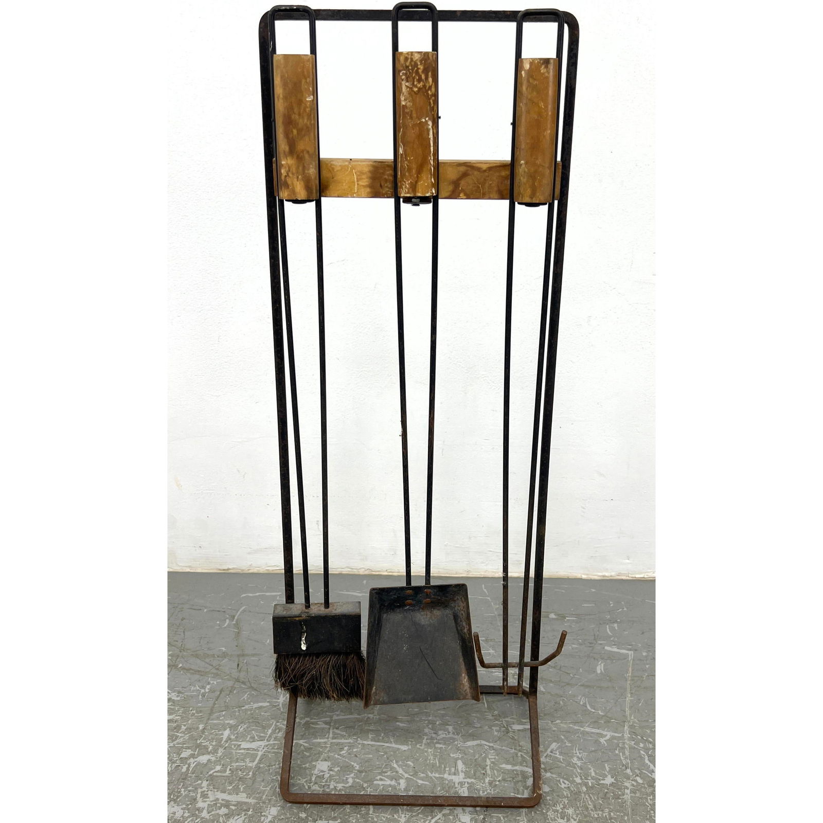Vintage Iron and Wood Fireplace Tool Set.: Vintage Iron and Wood Fireplace Tool Set. Dimensions: Height: 34 inches, Width: 12 inches, Depth: 8.75 inches. --- - We offer curbside delivery for most items to NYC, Manhattan, Close Brooklyn, Hoboke