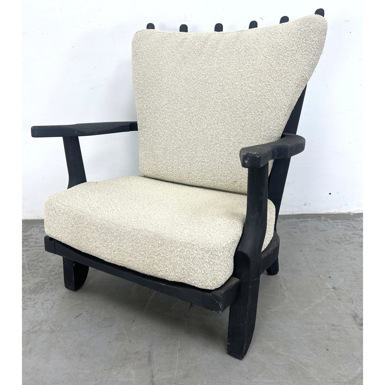 Ebonized GUILLERME et CHABRON Lounge Chair. "Mid Repos". Wood Arm Chair features Dramatic Elegant Lo: Ebonized GUILLERME et CHABRON Lounge Chair. "Mid Repos". Wood Arm Chair features Dramatic Elegant Long Tines as Back Supports. Off White Boucle Upholstered Cushions. Dimensions: Height: 36 inches, Wid
