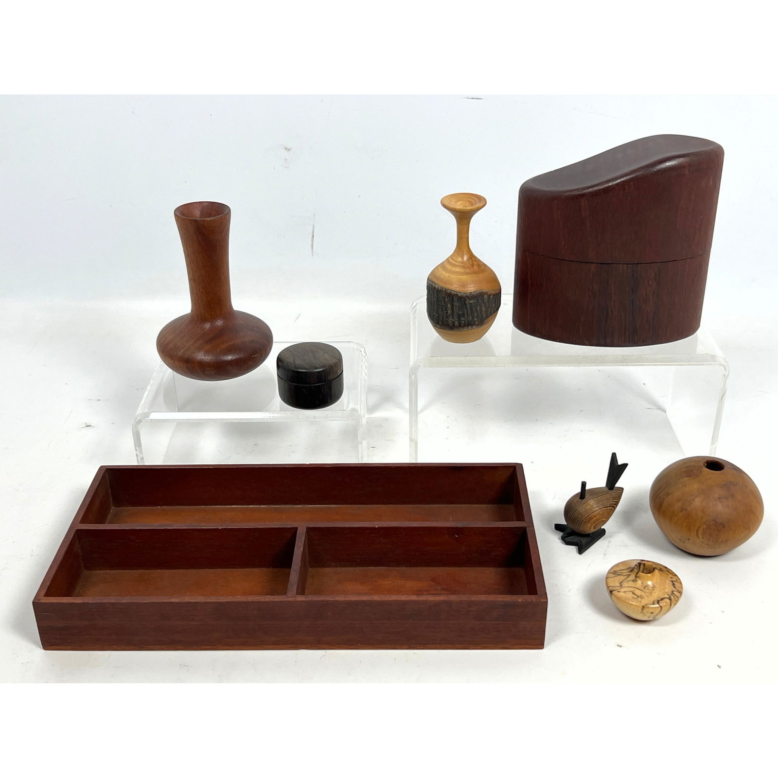 Studio Woodworking Lot. Mid Century Miniature Turned Wood Vases, Asymmetrical Artisan Wood Box, Rose (1 of 19)