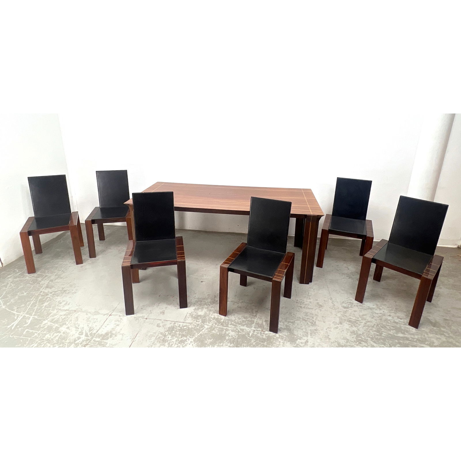 7pc Afra and Tobia Scarpa Attributed Dining Set. Table and 6 Chairs with Inlay. Black Leather. (1 of 20)