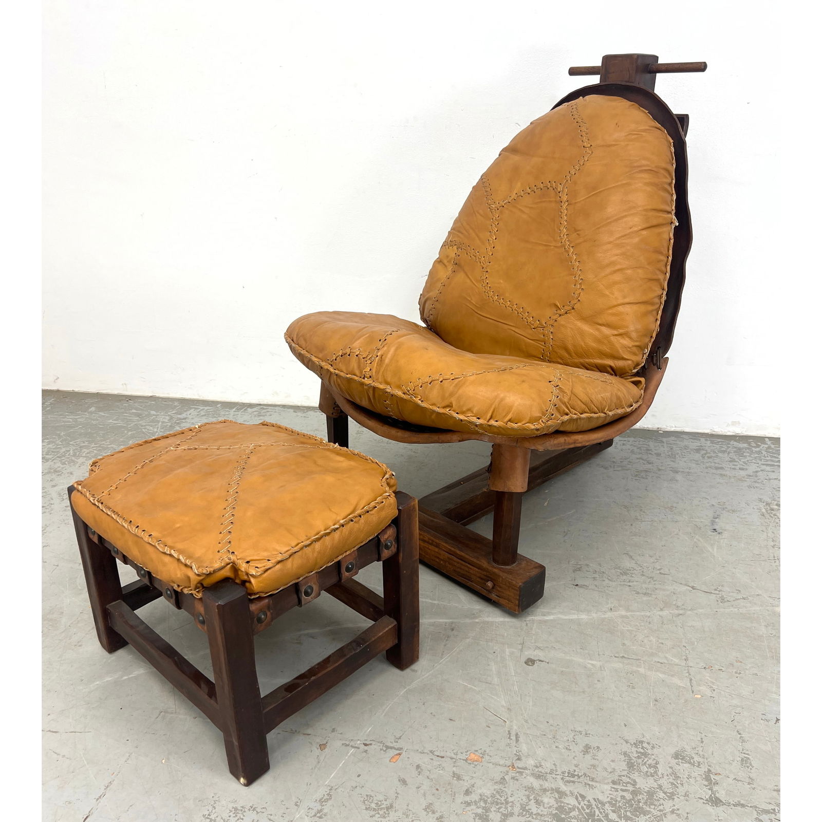 Brutalist Brazilian style Lounge Chair, Ottoman. Patchwork Leather Sling Cushion with Visible Leathe (1 of 17)