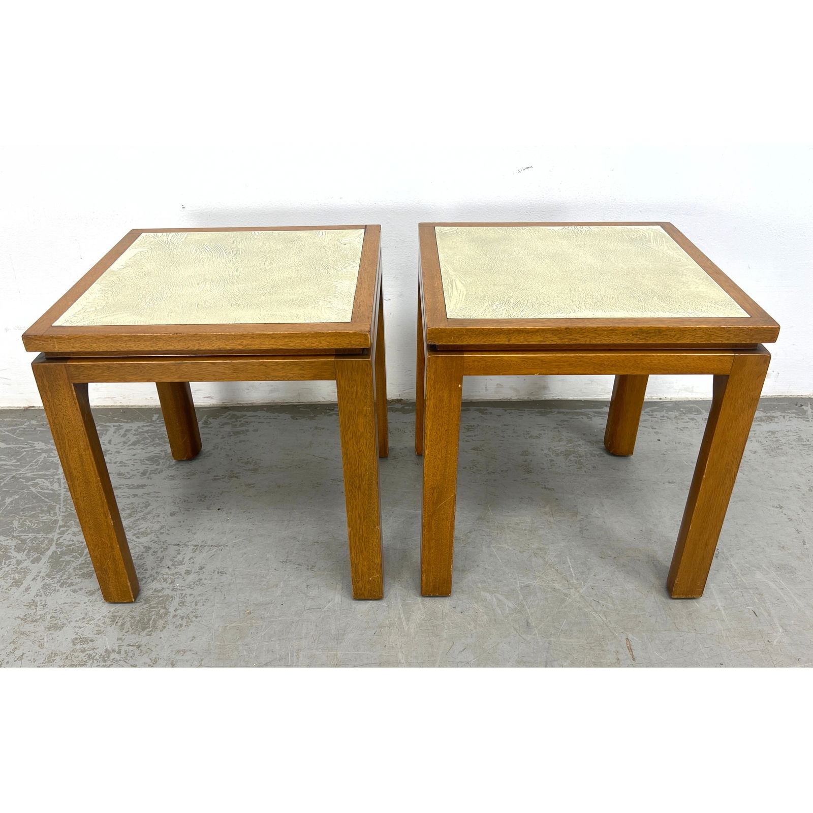 Pr Harvey Probber Attributed Wood Side End Tables. Square Wood Top with Inset Textured Panels. (1 of 10)