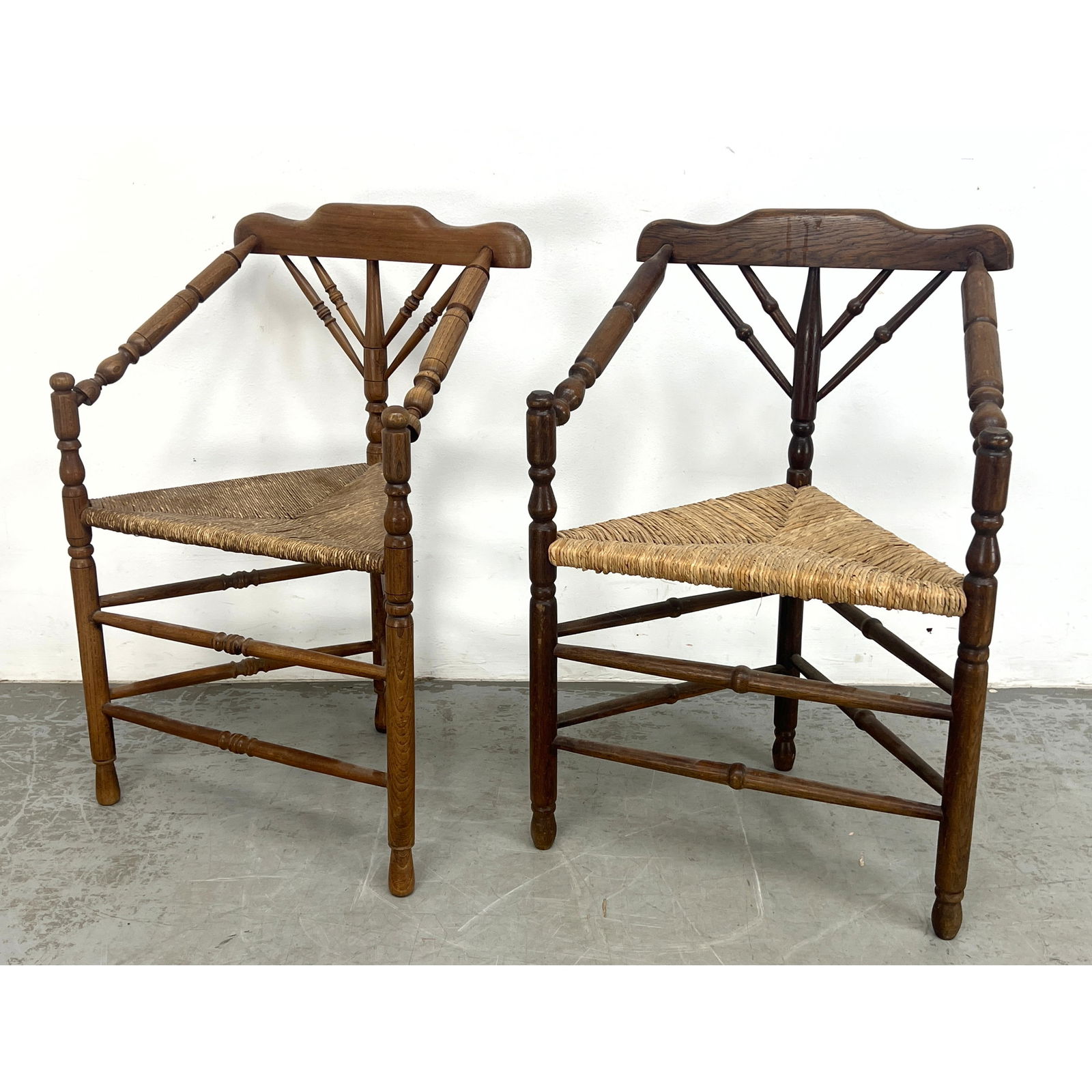 Pr Continental Triangular Corner Chairs. Triangular Rush Seats. Three Leg Chairs with double row of (1 of 14)