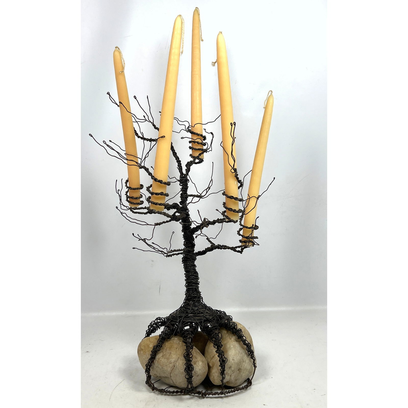 Handcrafted Tree Form Wire and Stone Candelabra. Three river rock base wrapped in metal wire "roots" (1 of 10)