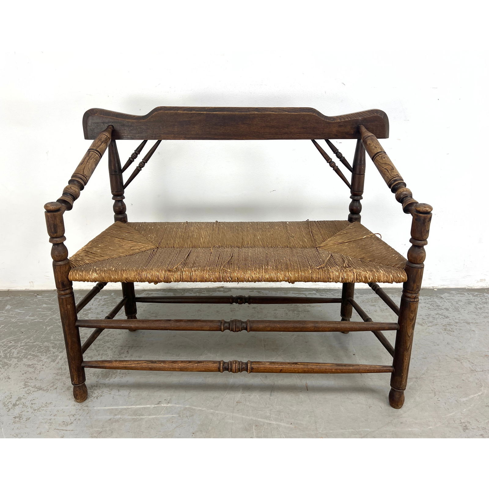 French Rush Seat Bench. Turned Spindle Arms. Decorative Double Stretchers. (1 of 9)