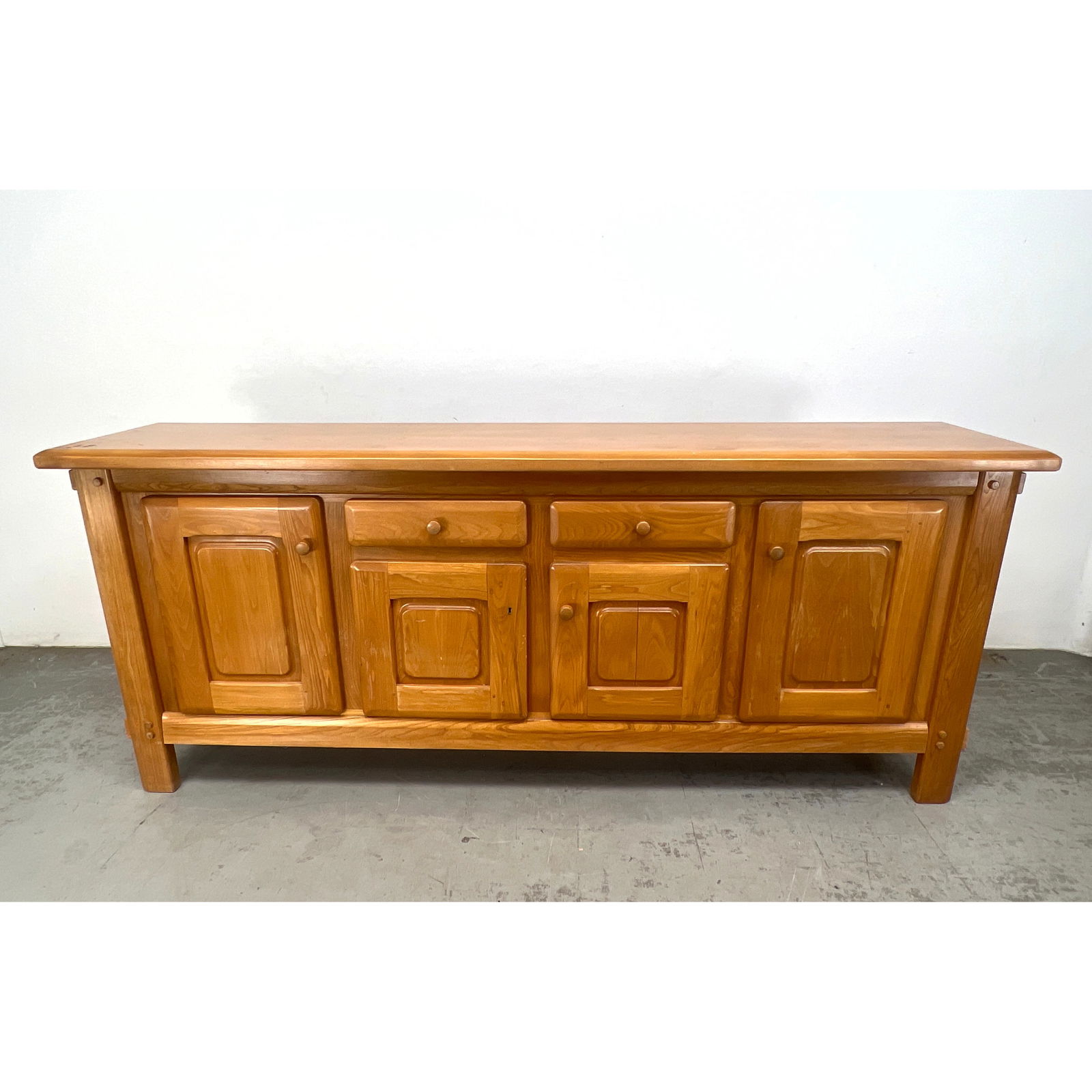 French Elm Wood Credenza Sideboard. Paneled Doors with Wood Handles. Unique where knobs are the key. (1 of 16)