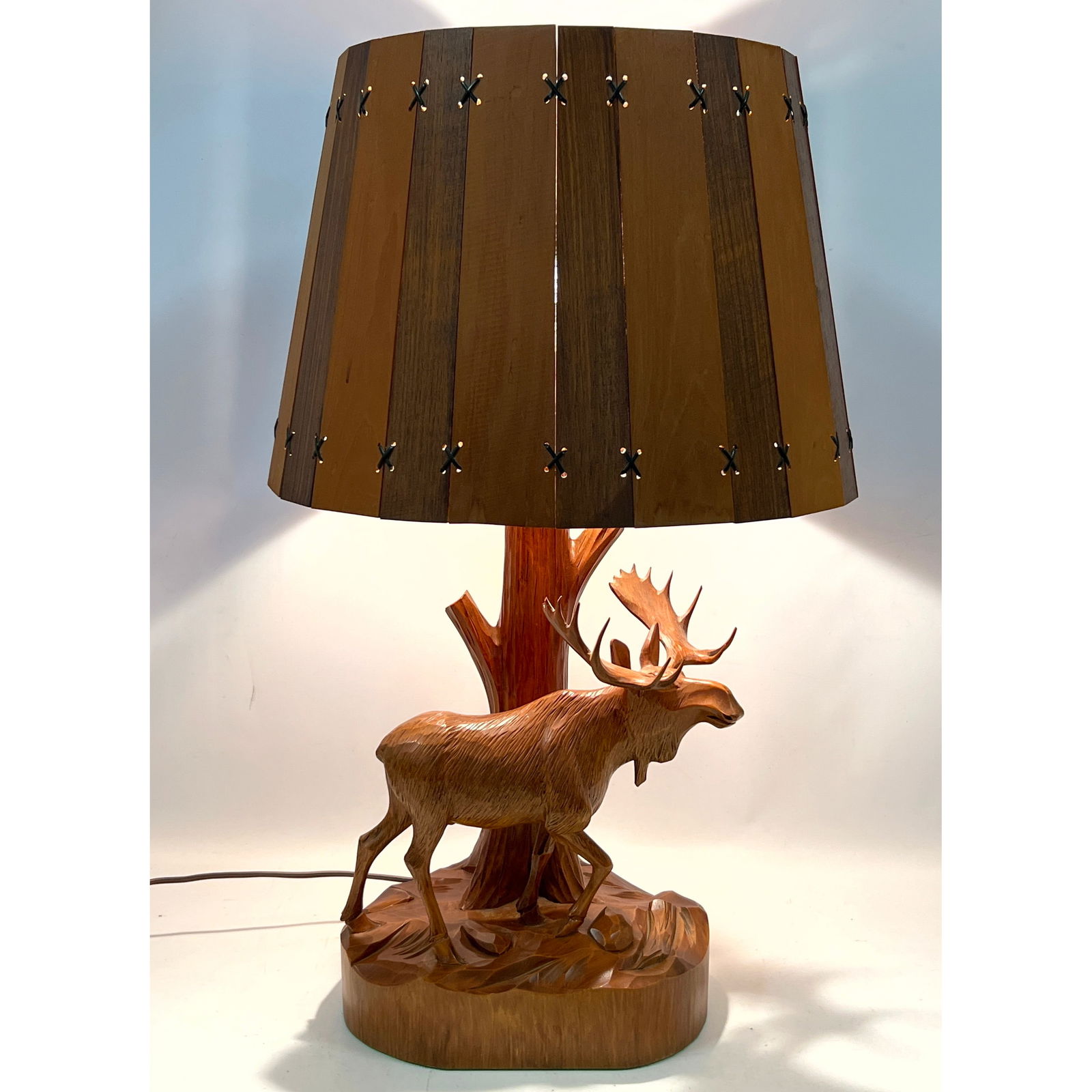 DUBE Carved wood Table Lamp. Moose with Original Cross stitch Wood Shade. Signed. (1 of 12)