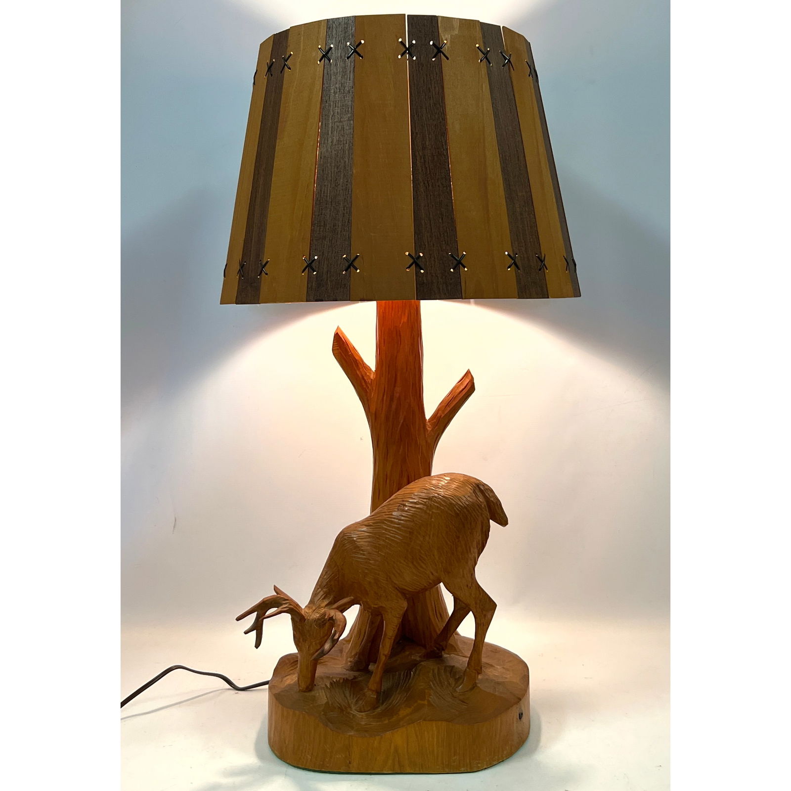 DUBE Carved wood Table Lamp. Grazing Deer with Original Cross stitch Wood Shade. Signed. (1 of 15)