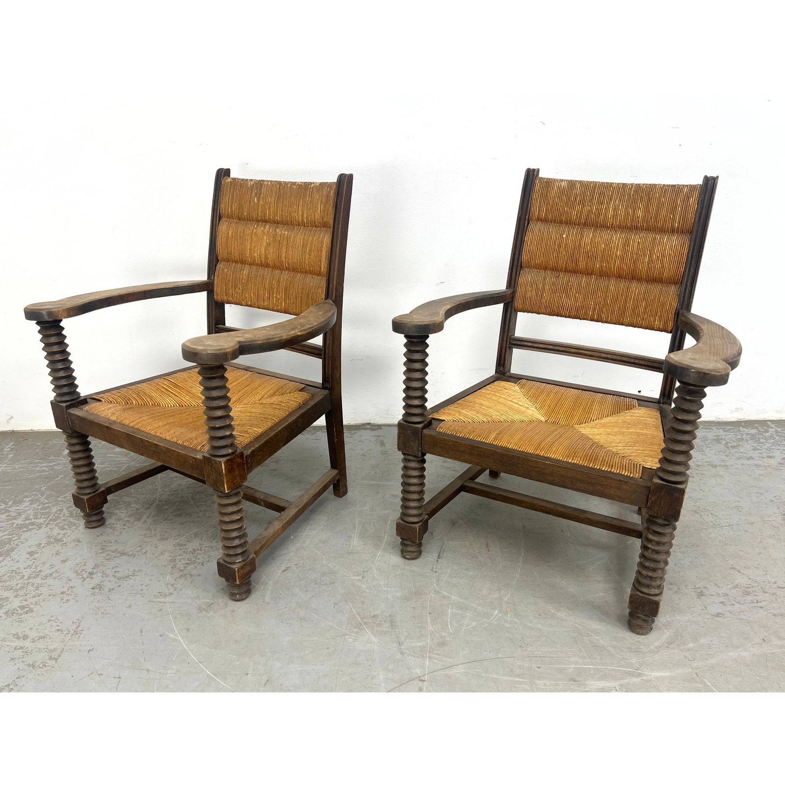 Pr French Arm Chairs. Attributed to Charles Dudouyt. Bowed Arms Rest on Screw form Spindle Front Leg (1 of 15)