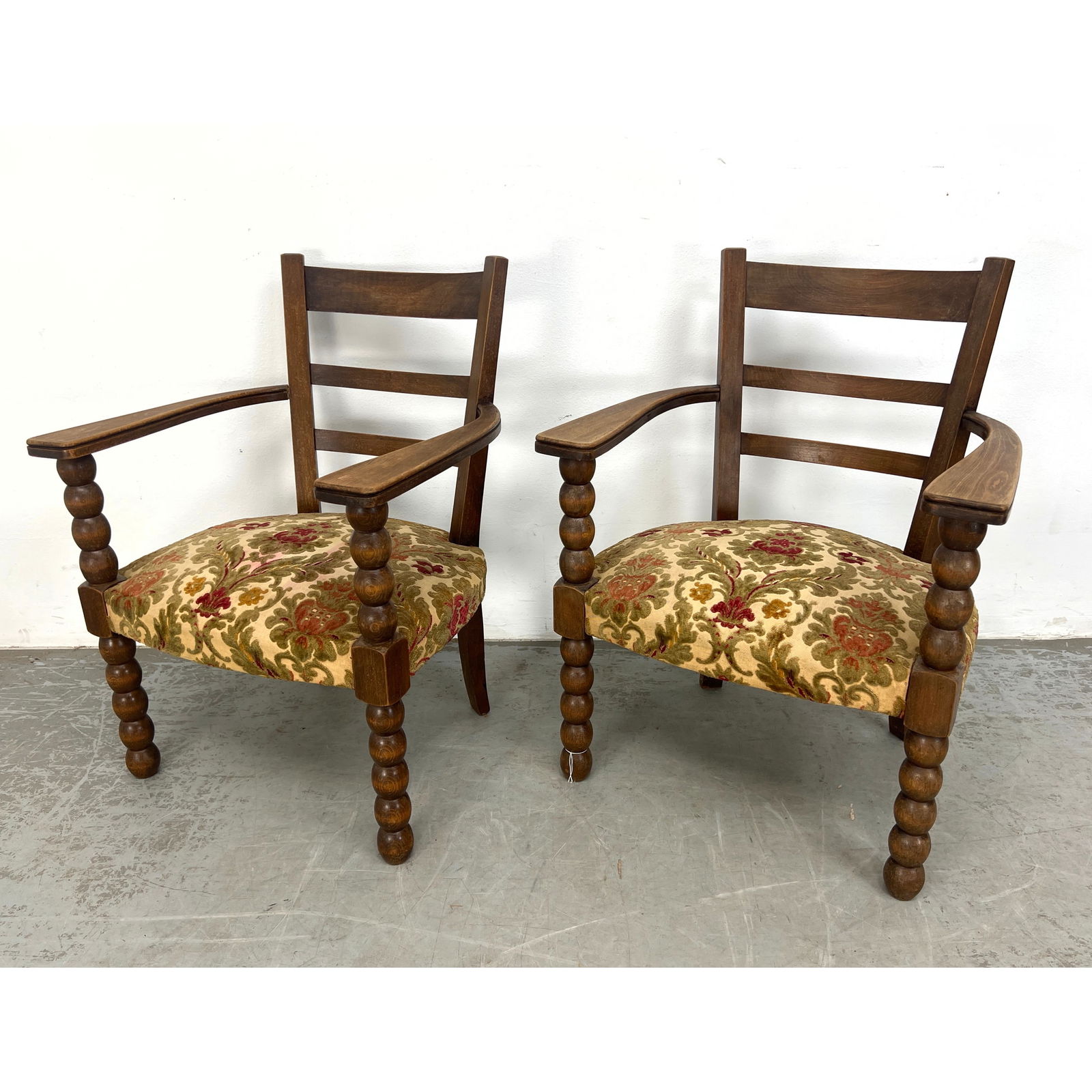 Pr Dark Stained Wood French Rustic Arm Chairs. Stacked Ball form Front Legs. Brocade tapestry seat u (1 of 13)