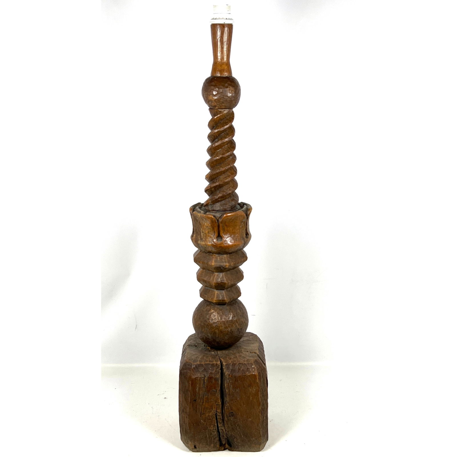 Large Carved Wood French Wine Press Floor Lamp. Vintage wood screw form press repurposed as Floor La: Large Carved Wood French Wine Press Floor Lamp. Vintage wood screw form press repurposed as Floor Lamp. Dimensions: Height: 43 inches, Width: 9 inches, Depth: 9 inches. --- - We offer curbside deliver